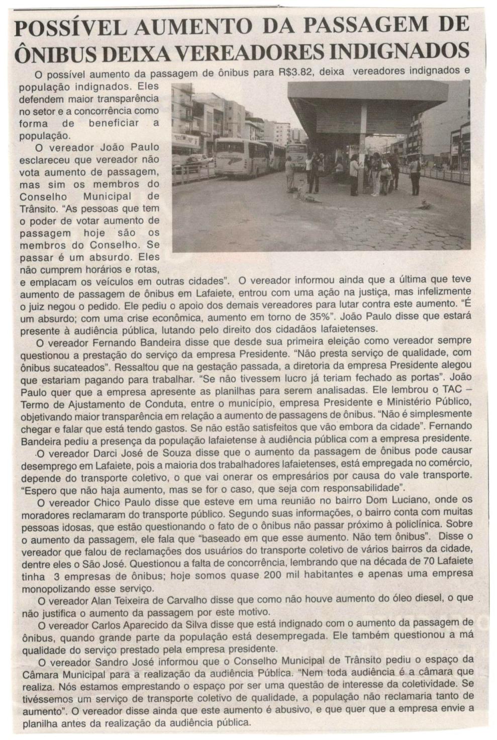 Possível aumento da passagem de ônibus deixa vereadores indignados. Jornal Gazeta, Conselheiro Lafaiete, 11 mar. 2017 a 17 mar. 2017, 906ª ed, Ano XXX., Caderno Gerais, p. 11.