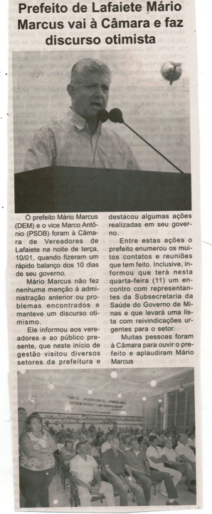 Prefeito de Lafaiete Mário Marcus vai à Câmara e faz discurso otimista. Jornal Expressão Regional, Conselheiro Lafaiete, 14 jan. 2017 a 21 jan. 2017, 458-x ed., p. 5.