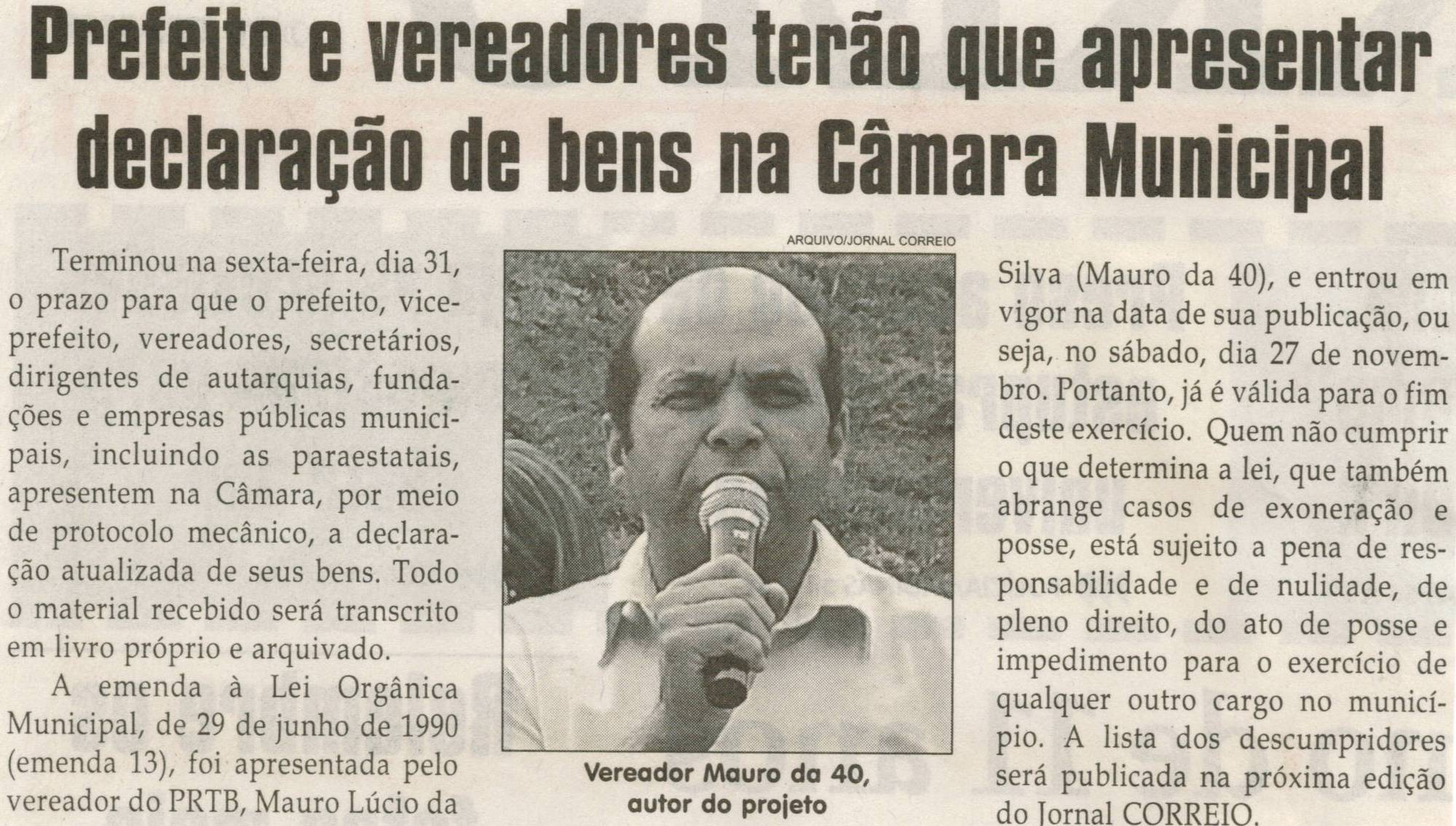 Prefeito e vereadores terão que apresentar declaração de bens na Câmara Municipal. Jornal Correio da Cidade, Conselheiro Lafaiete,  01 jan. 2011, p. 02.