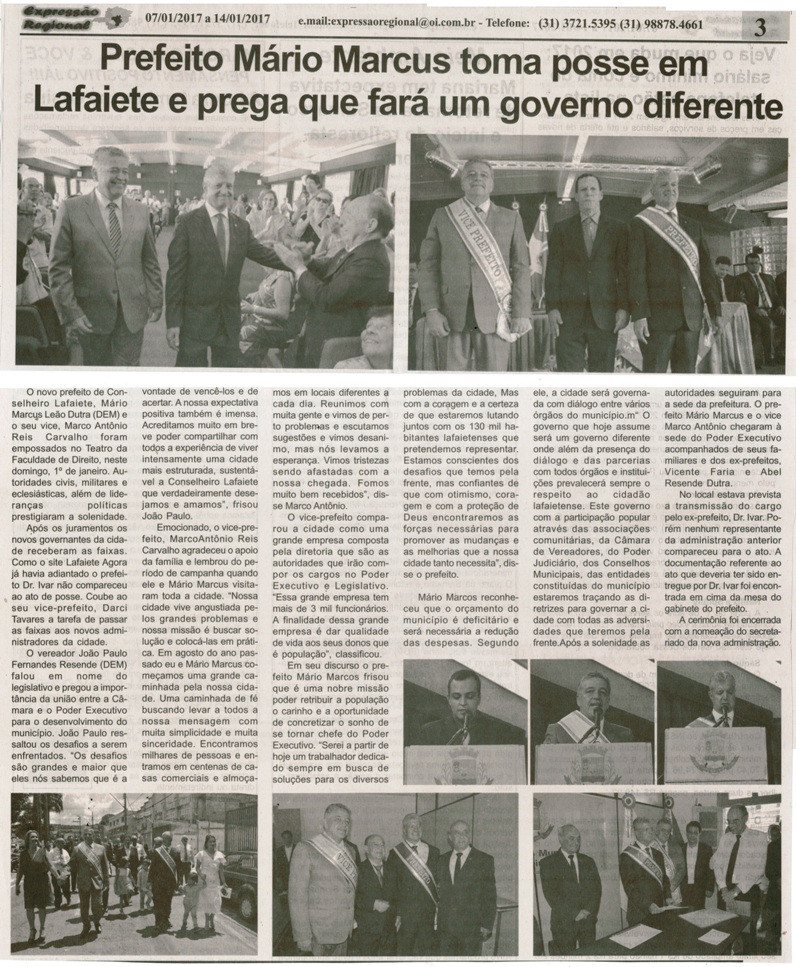 Prefeito Mário Marcus toma posse em Lafaiete e prega que fará um governo diferente. Jornal Expressão Regional, Conselheiro Lafaiete, 07 jan. 2017 a 14 jan. 2017, 457Xª ed., p. 3.