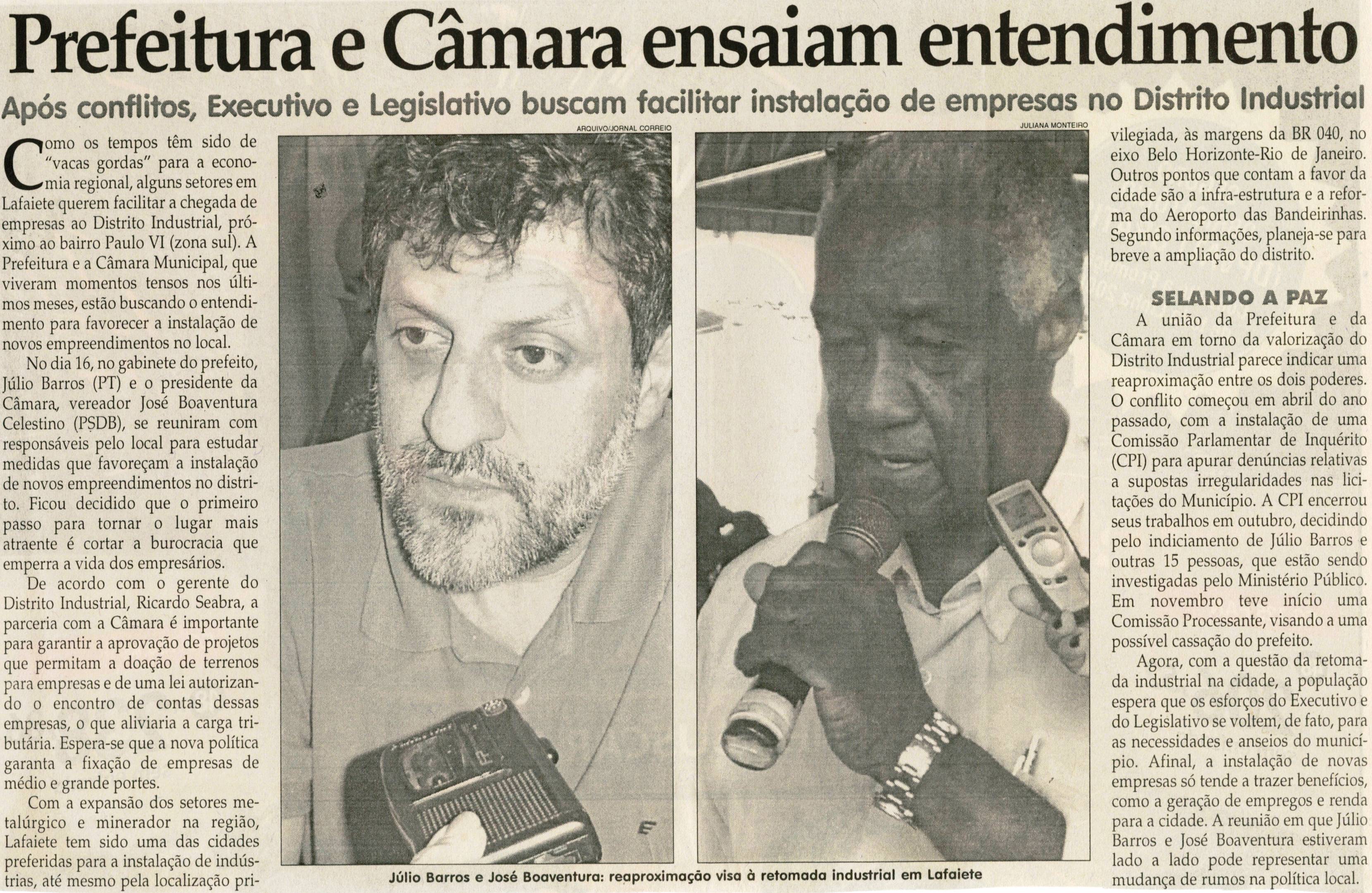 Prefeitura e Câmara ensaiam entendimento: após conflitos, Executivo e Legislativo buscam facilitar instalação de empresas no Distreito Industrial. Jornal Correio da Cidade, Conselheiro Lafaiete, 26 jan. 2008, p.4.