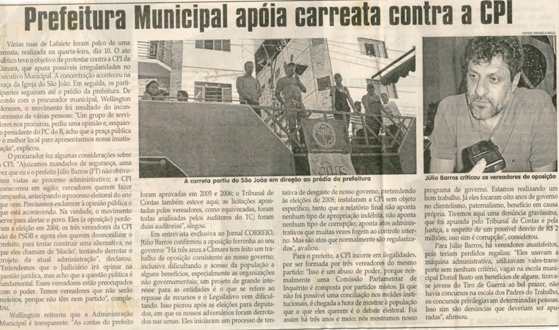 Prefeitura Municipal apóia carreata contra CPI. Jornal Correio da Cidade, Conselheiro Lafaiete, 13 out. 2007, 876ª ed., p. 02