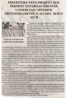  Prefeitura veta projeto que permite estabelecimentos comerciais obterem provisoriamente o alvará sem o AVCB. Jornal Nova Gazeta, Cconselheiro Lafaiete, 13 ago. 2016, 886ª ed., Ano XXX, Caderno Gerais, p. 2.
