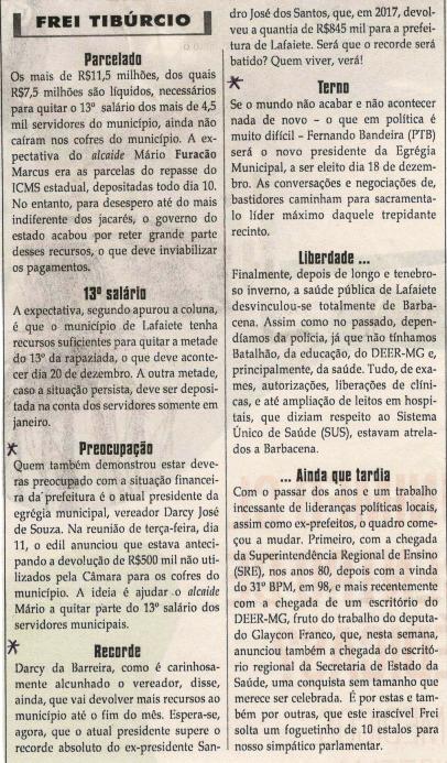Preocupação; Recorde; Terno. Jornal Correio da Cidade, Conselheiro Lafaiete, 15 dez. 2018 a 21 dez. 2018, 1452ª ed. , Caderno Opinião: Frei Tibúrcio, p. 8.