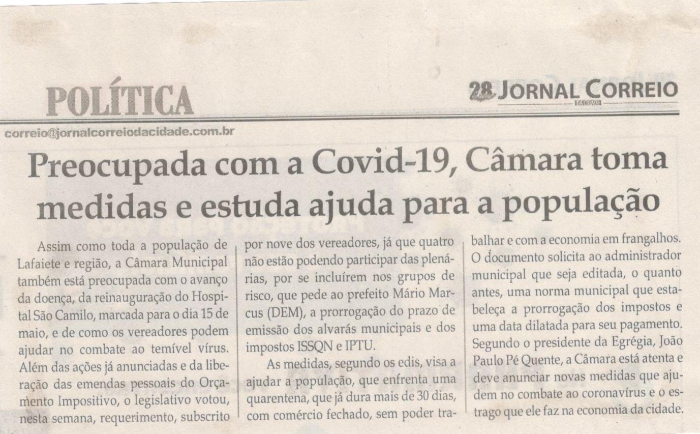 PREOCUPADA com Covid-19, Câmara toma medidas e estuda ajuda para a população. Jornal Correio da Cidade, Conselheiro Lafaiete, 02 a 08 mai. 2020 , 1523ª ed. , Caderno Política, p. 4.