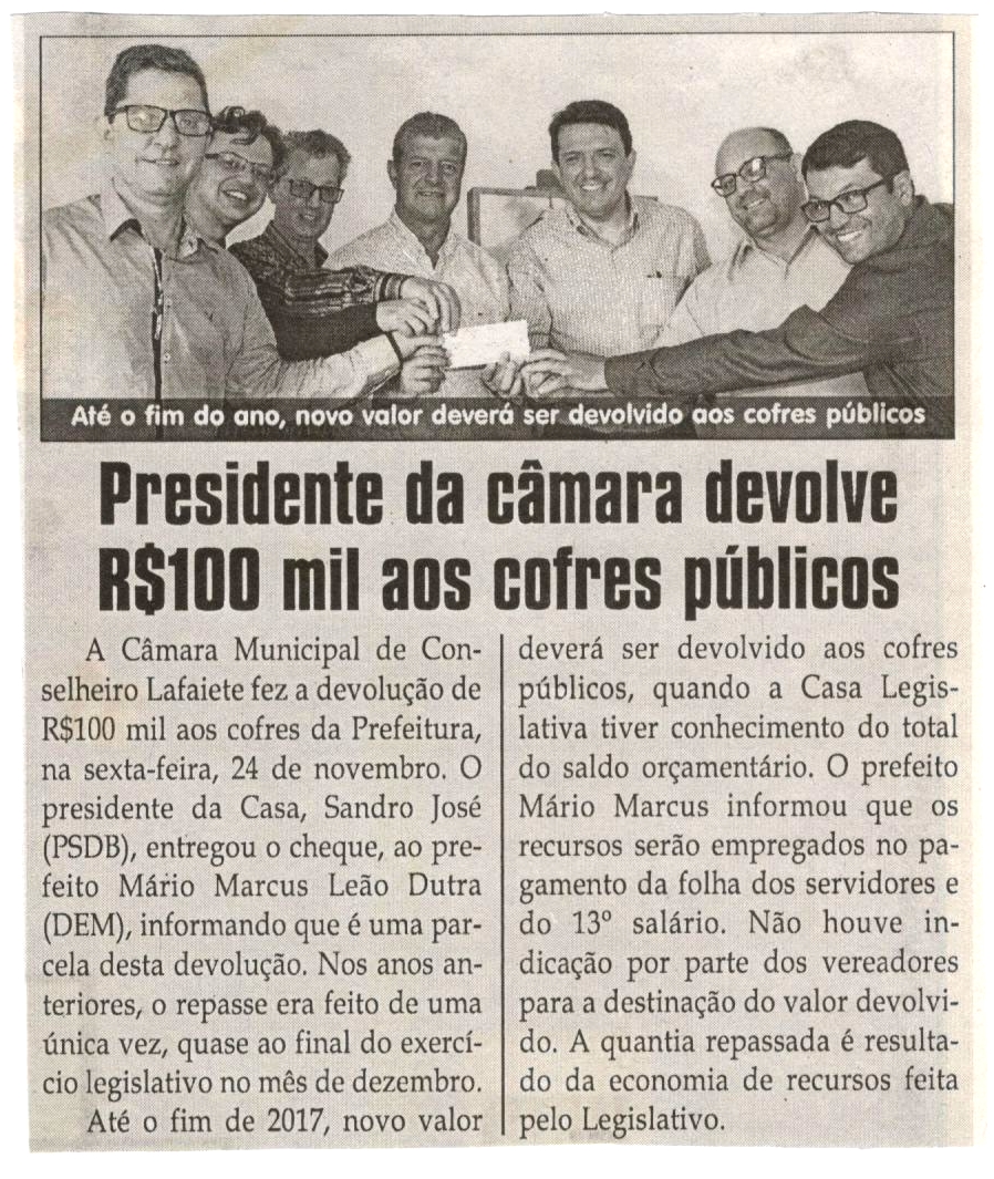 Presidente da câmara devolve R$100 mil aos cofres públicos. Jornal Correio da Cidade, Conselheiro Lafaiete, 02 dez. 2017 a 08 dez. 2017, 1398ª ed., Caderno Política, p 06.