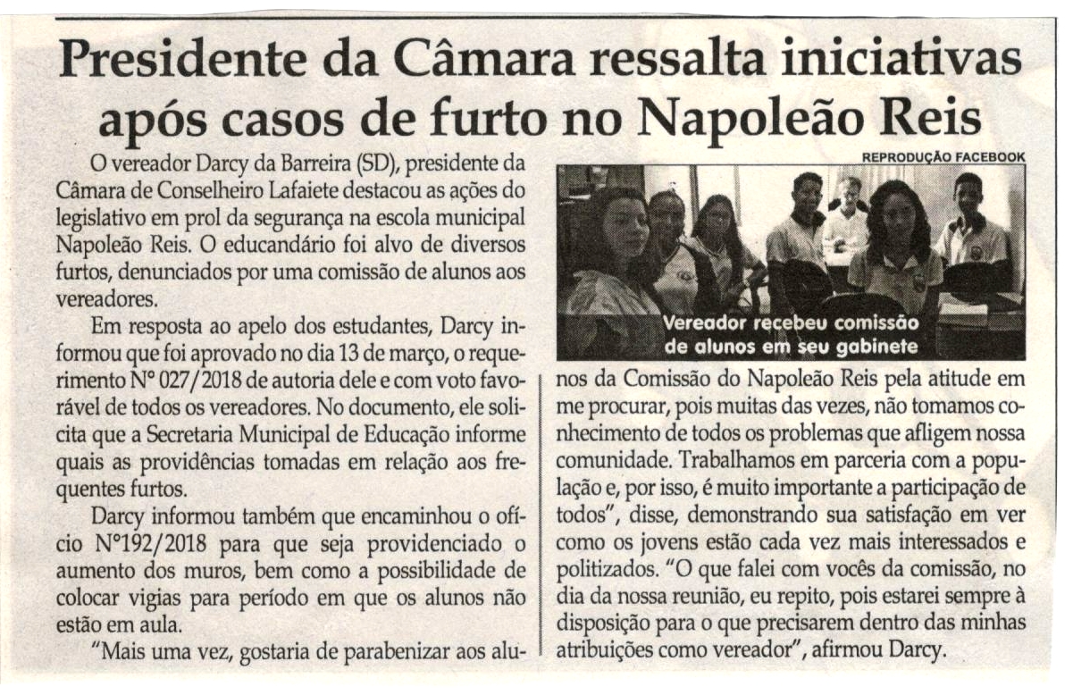 Presidente da Câmara ressalta iniciativas após casos de furto no Napoleão Reis. Jornal Correio da Cidade, Conselheiro Lafaiete, 31 mar. 2018 a 06 abr. 2018, 1415ª ed., Caderno Política, p. 6. 