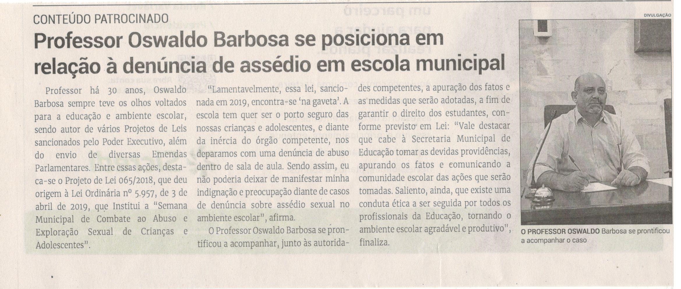 Professor Oswaldo Barbosa se posiciona em relação à denúncia de assédio em escola municipal. Jornal Correio da Cidade, Conselheiro Lafaiete, 13 a 19 de jul. 2024, 1739ª ed., Política, p. 2.