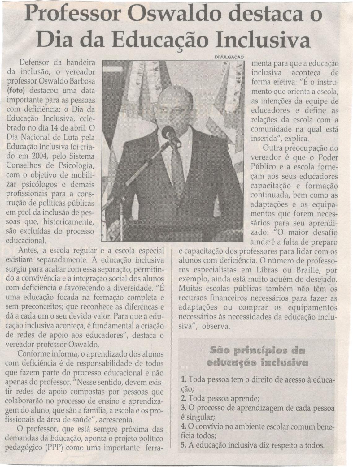 Professor Oswaldo destaca o Dia da Educação Inclusiva. Jornal Correio da Cidade, Conselheiro Lafaiete, 17 a 23 de abril de 2021, 1572ª ed., Caderno Política, 2021, p. 11.