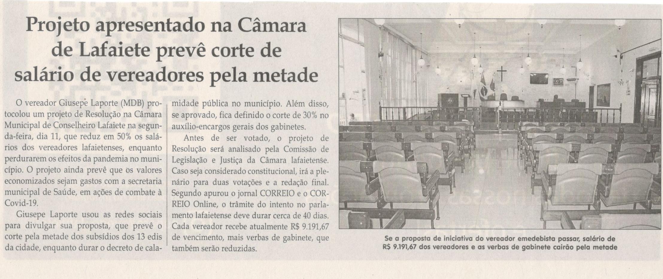 PROJETO apresentado na Câmara de Lafaiete prevê corte de salário de vereadores pela metade.