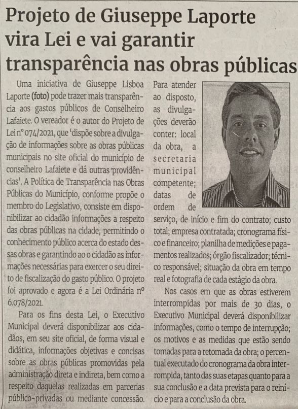 Projeto de Giuseppe Laporte vira Lei e vai garantir transparência nas obras públicas. Jornal Correio da Cidade, Conselheiro Lafaiete, 05 de mar. de 2022, 1617ª ed., Caderno Política, p. 4.