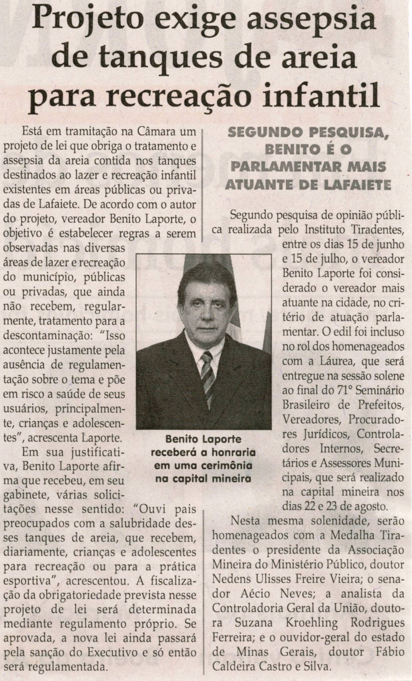 Projeto exige assepsia de tanques de areia para recreação infantil. Jornal Correio da Cidade, Conselheiro Lafaiete, 17 ago. 2013, p. 02.