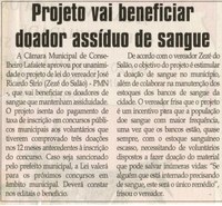 Projeto vai beneficiar doador assíduo de sangue. Jornal Correio da Cidade, Conselheiro Lafaiete, 08 mai. 2010, p. 4.