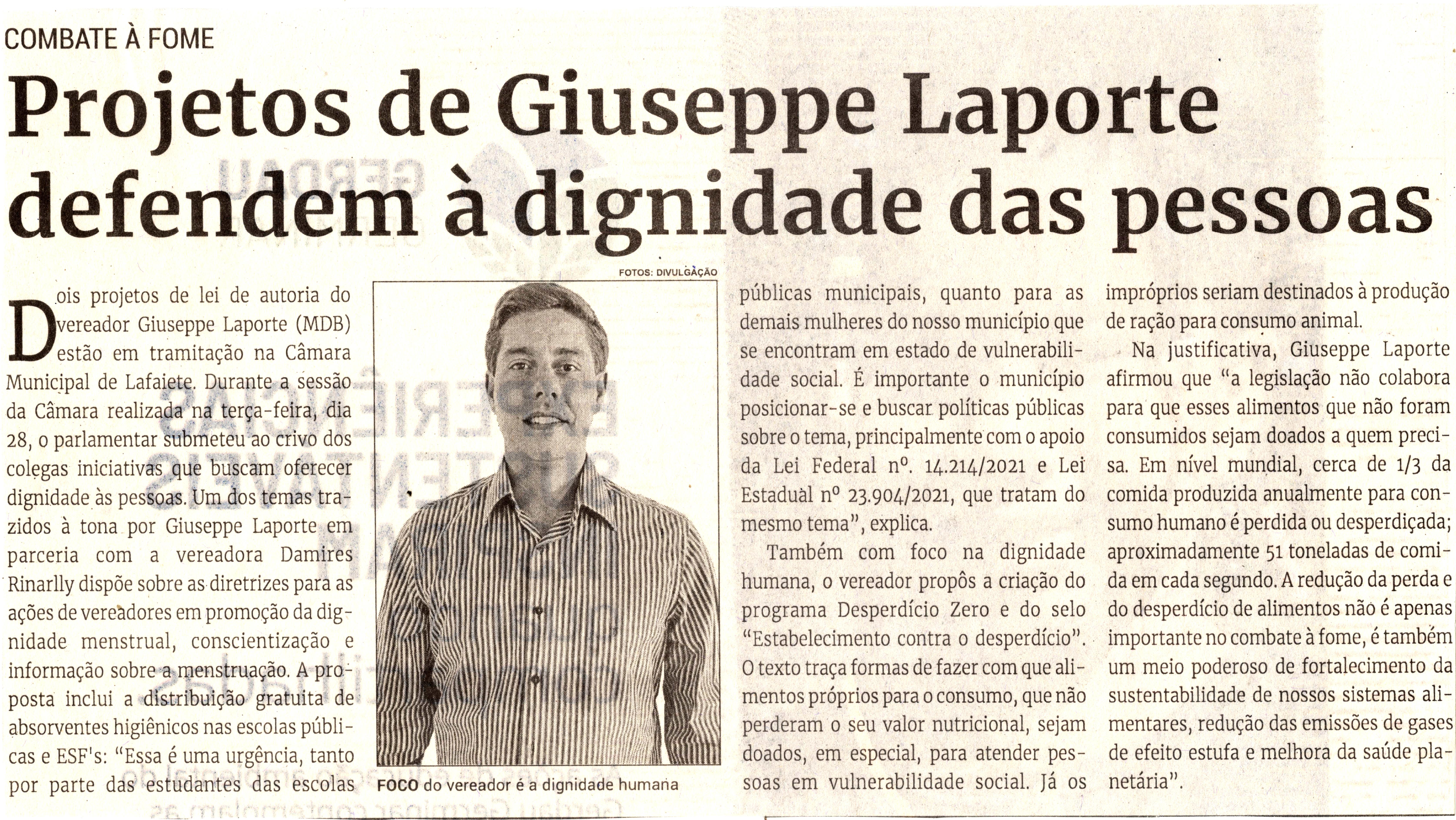 Projetos de Giuseppe Laporte defendem à dignidade das pessoas. Jornal Correio da Cidade, Conselheiro Lafaiete de 01 a 07 abr. de 2023, 1673ª ed. Caderno Política, p.4.