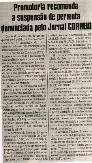 Promotoria recomenda a suspensão de permuta denunciada pelo Jornal Correio. Jornal Correio da Cidade, Conselheiro Lafaiete, 12 a 18 nov. 2016, 1343ª ed., Caderno Política, p.4.