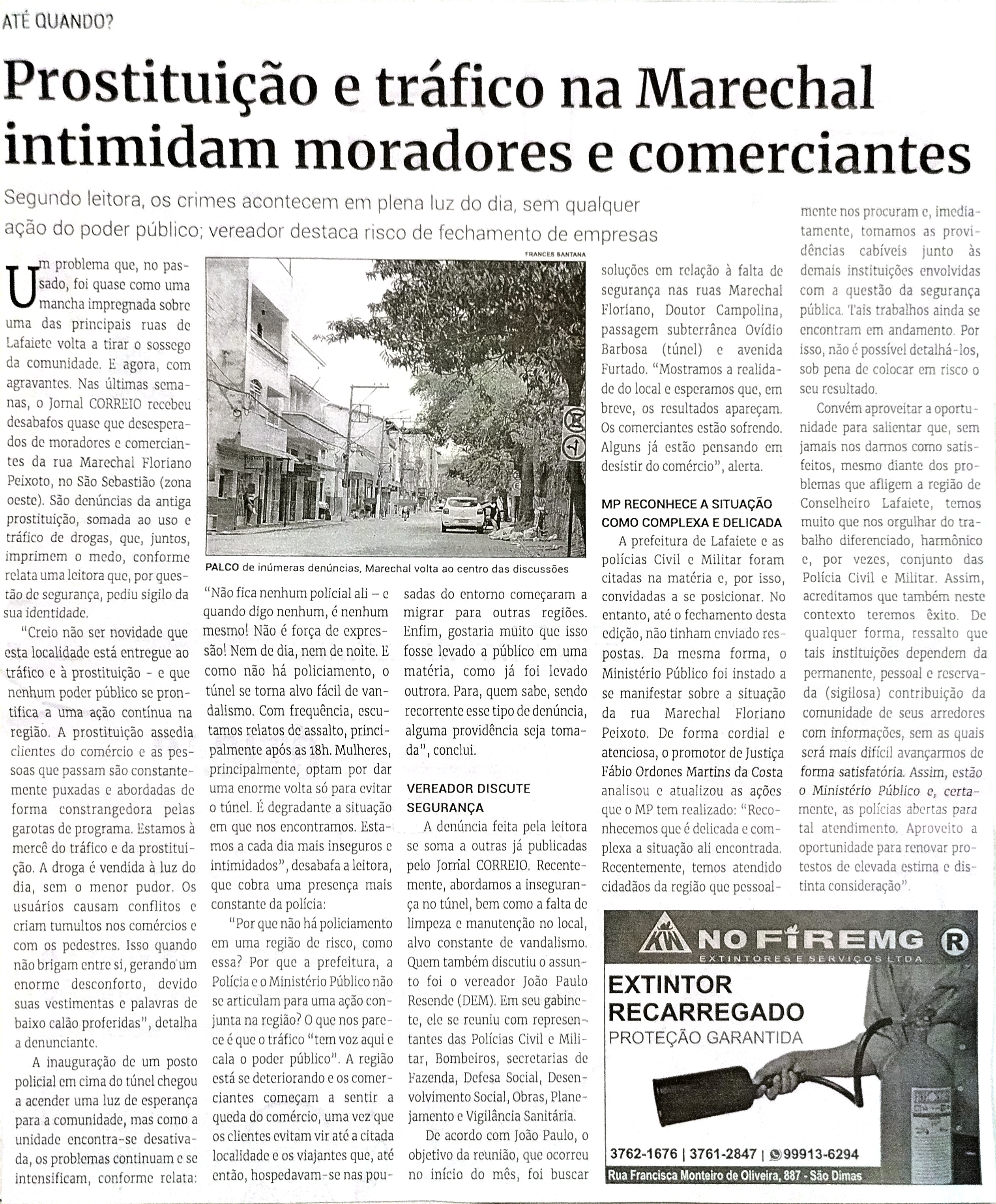 Prostituição e tráfico na Marechal intimidam moradores e comerciantes. Jornal Correio da Cidade, Conselheiro Lafaiete de 30 a 06 de out. de 2023, 1699ª ed., Polícia, p. 35.