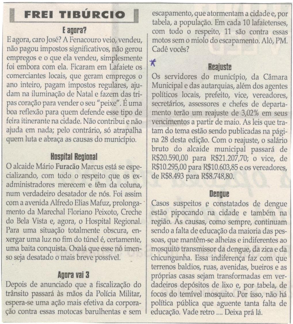 Reajuste. Jornal Correio da Cidade, 04 mai. 2019 a 10 mai. 2019. 1472ª ed., Caderno Opinião: Frei Tibúrcio, p. 8.