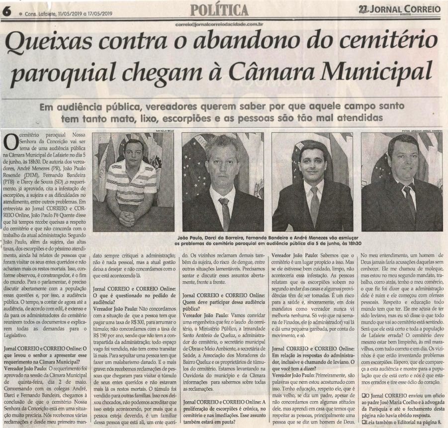 Queixas contra o abandono do cemitério paroquial chegam à Câmara Municipal. Jornal Correio da Cidade, 11 mai. 2019 a 17 mai. 2019. 1473ª ed., Caderno Política, p. 6.