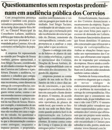 Questionamentos sem respostas predominam em audiência pública dos Correios. Jornal Expressão regional, Conselheiro Lafaiete, 9 a 15 jul. 2016, 438ª X ed., p. 3.