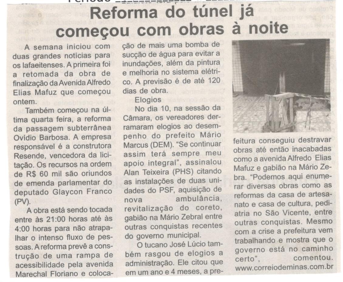 Reforma do túnel já começou com obras à noite. Jornal Expressão Regional, Conselheiro Lafaiete ,14 abr. 2018 a 20 abr. 2018, 526ª ed., p. 5.