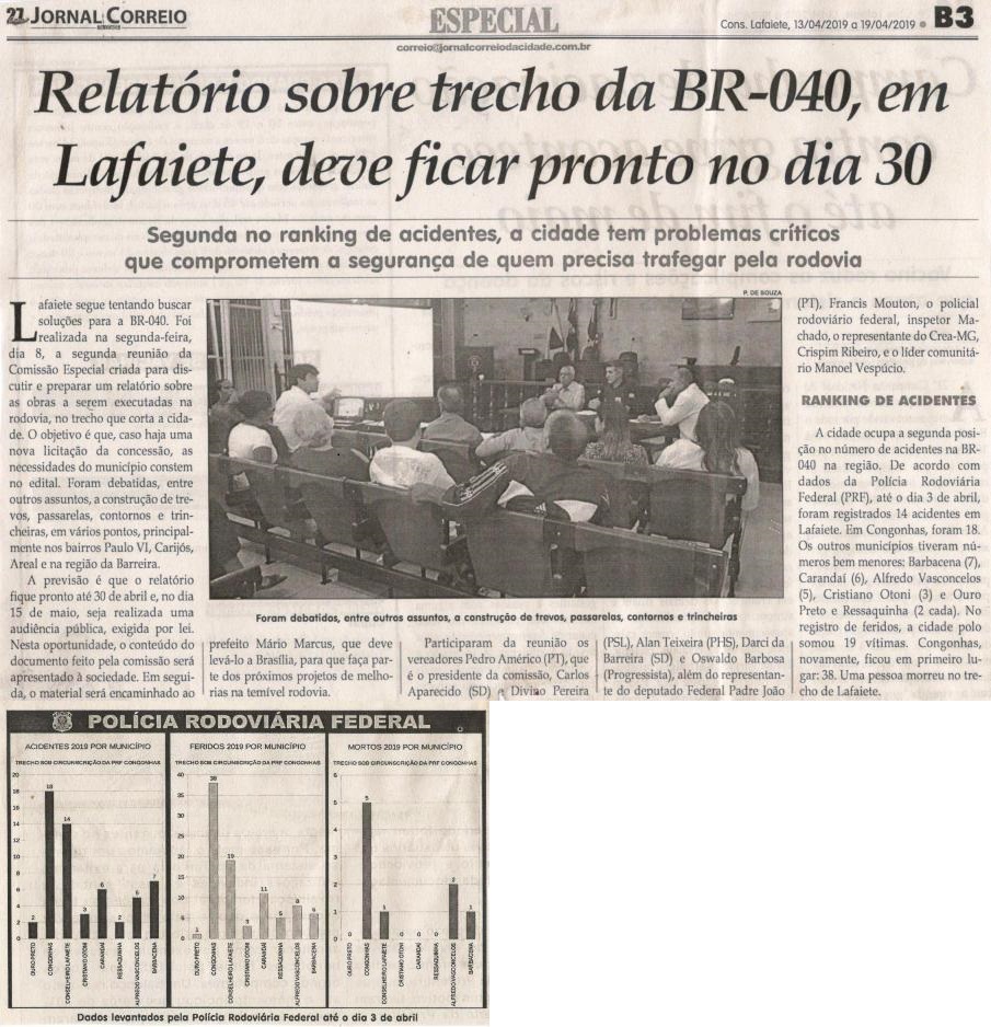 Relatório sobre trecho da BR-040, em Lafaiete, deve ficar pronto no dia 30. Jornal Correio da Cidade, Conselheiro Lafaiete, 13 abr. 2019 a 19 abr. 2019, 1469ª ed., Caderno Caderno Especial, p. B3.