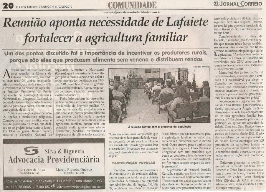 Reunião aponta necessidade de Lafaiete fortalecer a agricultura familiar. Jornal Correio da Cidade, 04 mai. 2019 a 10 mai. 2019. 1472ª ed., Caderno Comunidade, p. 20.