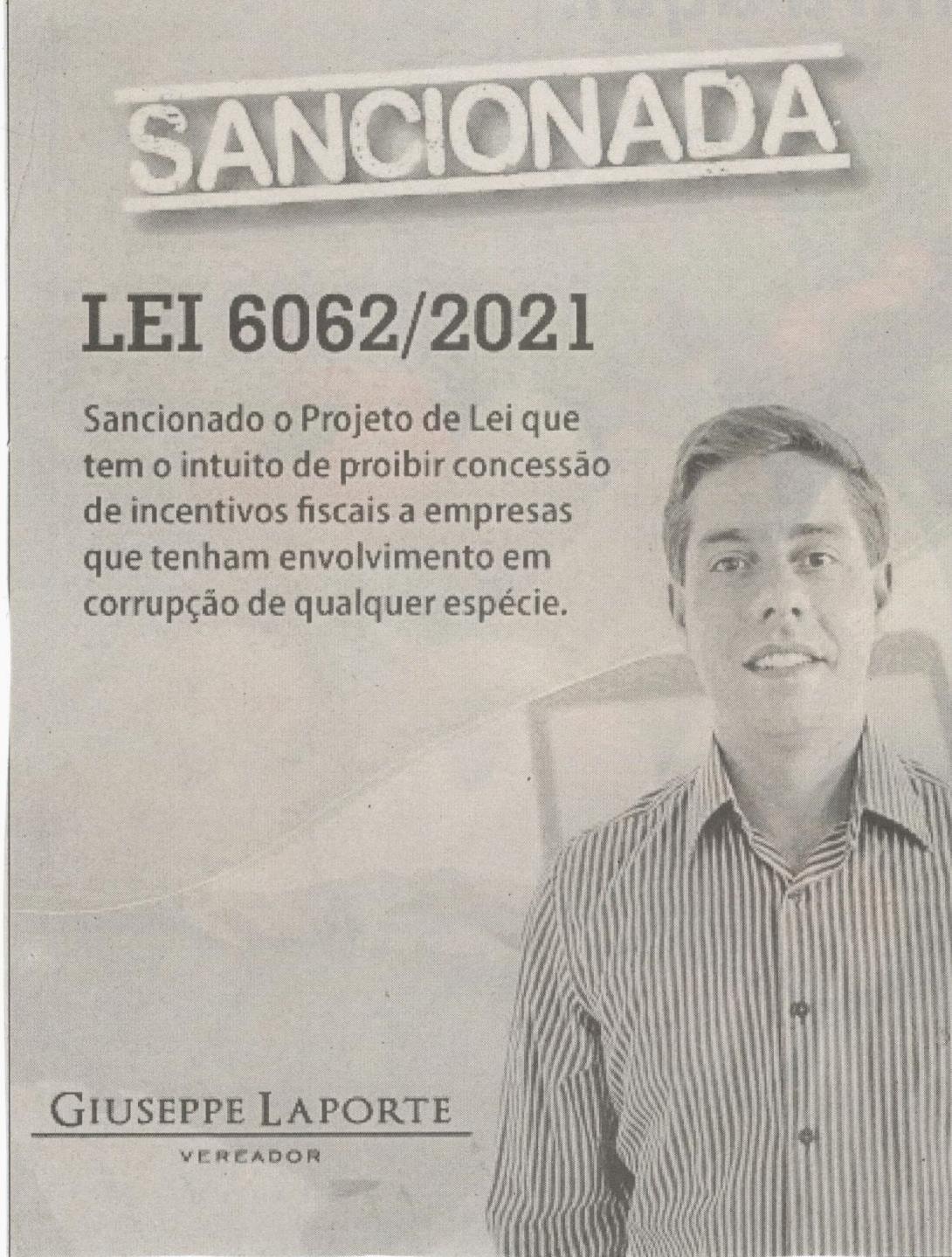 Sancionada Lei 6062/2021. Jornal Correio, Conselheiro Lafaiete, 02 Outubro 2021, 1596ª ed., Caderno Política, p. 06.