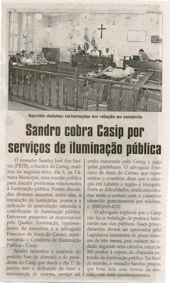 Sandro cobra CASIP por serviços de iluminação pública. Jornal Correio da Cidade, Conselheiro Lafaiete, 1291ª, 14 a 20 nov. 2015, Caderno Política, p. 6.