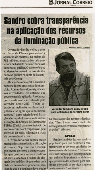 Sandro cobra transparência na aplicação dos recursos da iluminação pública. Jornal Correio da Cidade, Conselheiro Lafaiete, 1322ª ed., 18 a 24 jun. 2016, Caderno Política, p. 4.