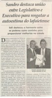 Sandro destaca união entre Legislativo e Executivo para resgatar a autoestima do lafaietense. Jornal Correio da Cidade, Conselheiro Lafaiete, 22 abr. 2017 a 28 abr. 2017, 1366ª ed., Caderno Política,p. 6.