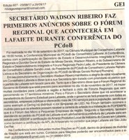 Secretário Wadson Ribeiro faz primeiros anúncios sobre o fórum regional que acontecerá em Lafaiete durante conferencia do PCdoB. Jornal Nova Gazeta, Conselheiro Lafaiete, 23 set. 2017 a 29 set. 2017, 927ª ed., Ano XXXI, Caderno Gerais, p 2.