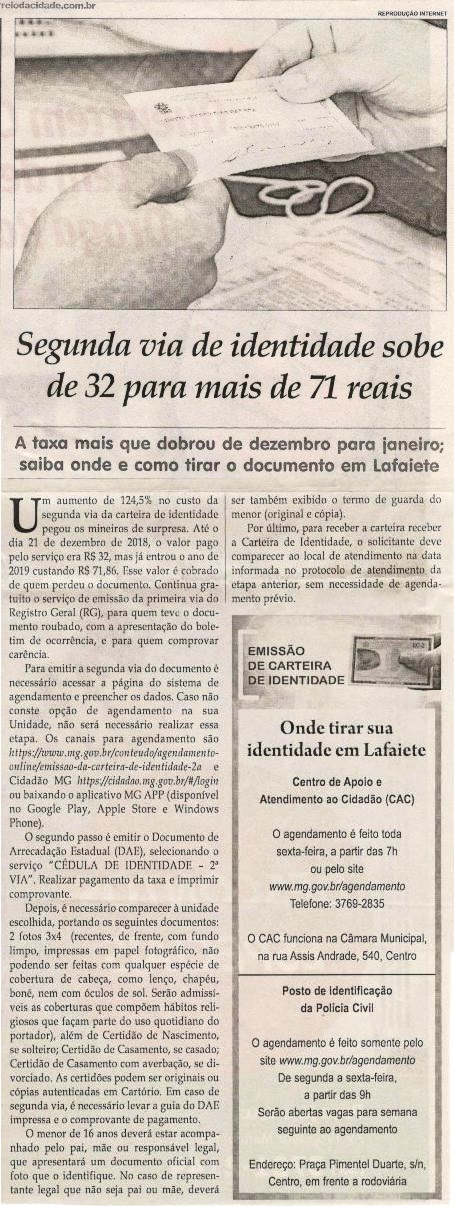 Segunda via de identidade sobe de 32 para mais de 71 reais. Jornal Correio da Cidade, Conselheiro Lafaiete, 12 jan. 2019 a 18 jan. 2019, 1456ª ed., Caderno Caderno Especial, p. B8.