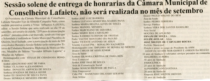 Sessão solene de entrega de honrarias da Câmara Municipal de Conslheiro Lafaiete, não será realizada no mês de setembro. Jornal Correio da Cidade, Conselheiro Lafaiete, 05 set. 2009, 198ª ed., p. 05.