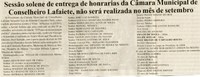 Sessão solene de entrega de honrarias da Câmara Municipal de Conslheiro Lafaiete, não será realizada no mês de setembro. Jornal Correio da Cidade, Conselheiro Lafaiete, 05 set. 2009, 198ª ed., p. 05.