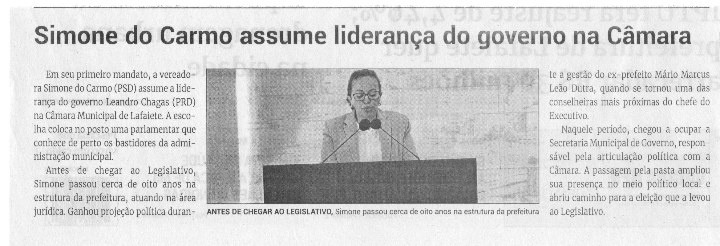 Simone do Carmo assume liderança do governo na Câmara. Jornal Correio da Cidade, Conselheiro Lafaiete, 14 a 20 mar. 2026, 1818ª ed., Política, p. 2.