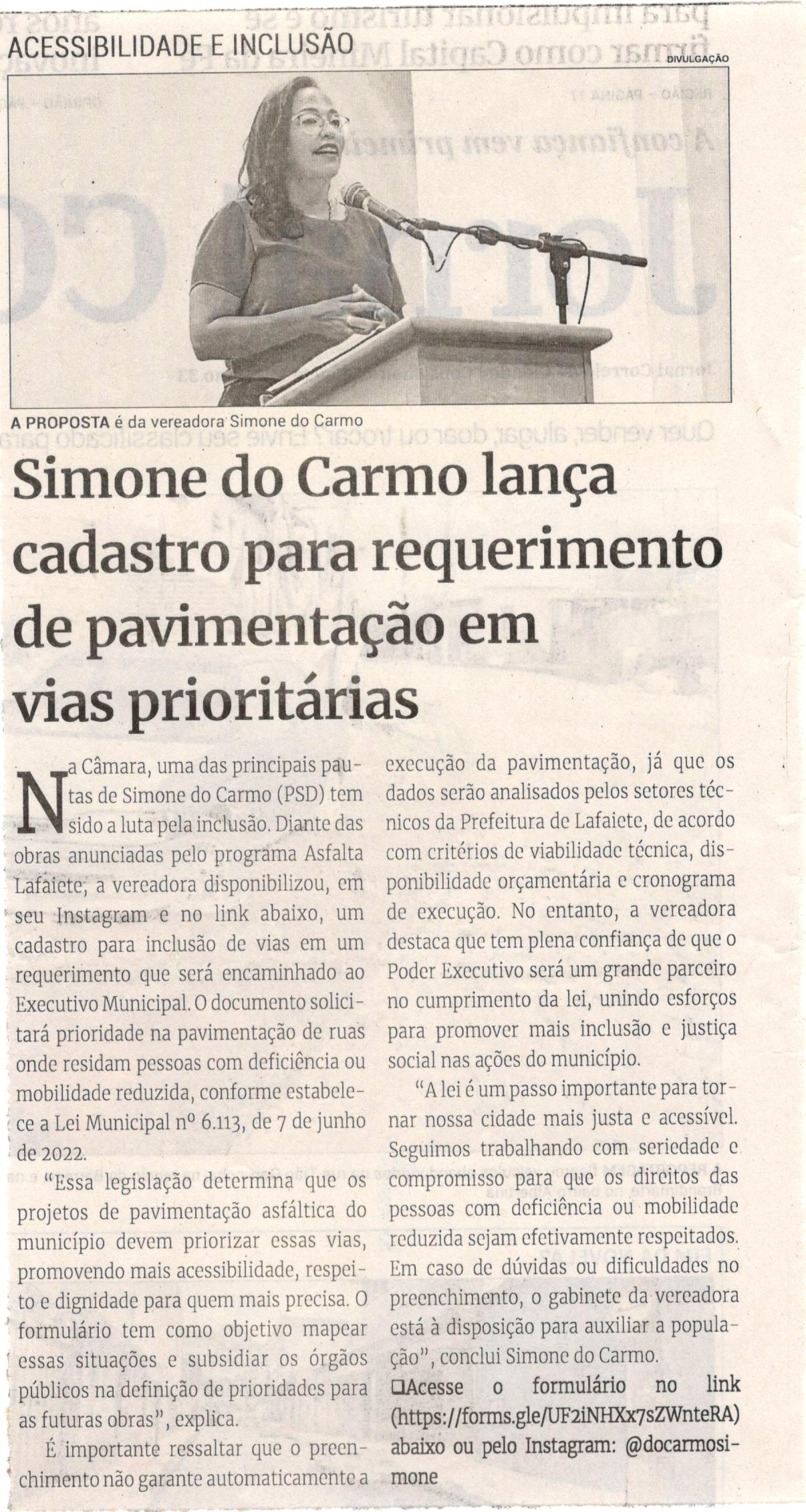 Simone do Carmo lança cadastro para requerimento de pavimentação em vias prioritárias. Jornal Correio da Cidade, Conselheiro Lafaiete, 14 a 20 jun. 2025, 1784ª ed., Política, p. 2.