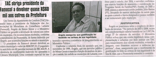 TAC obriga presidente da FAMOCOL a devolver quase R$60 mil aos cofres públicos. Jornal Correio da Cidade, 02 a 08 jul. 2016, 1324ª ed., Caderno Política, p. 6.