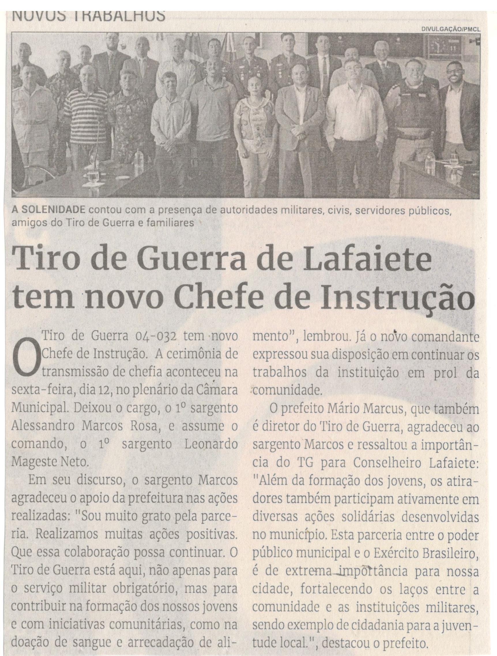 Tiro de Guerra de Lafaiete tem novo Chefe de Instrução. Jornal Correio da Cidade, Conselheiro Lafaiete de 20 a 26 de jan. de 2024, 1714ª ed., Comunidade, p. 15.