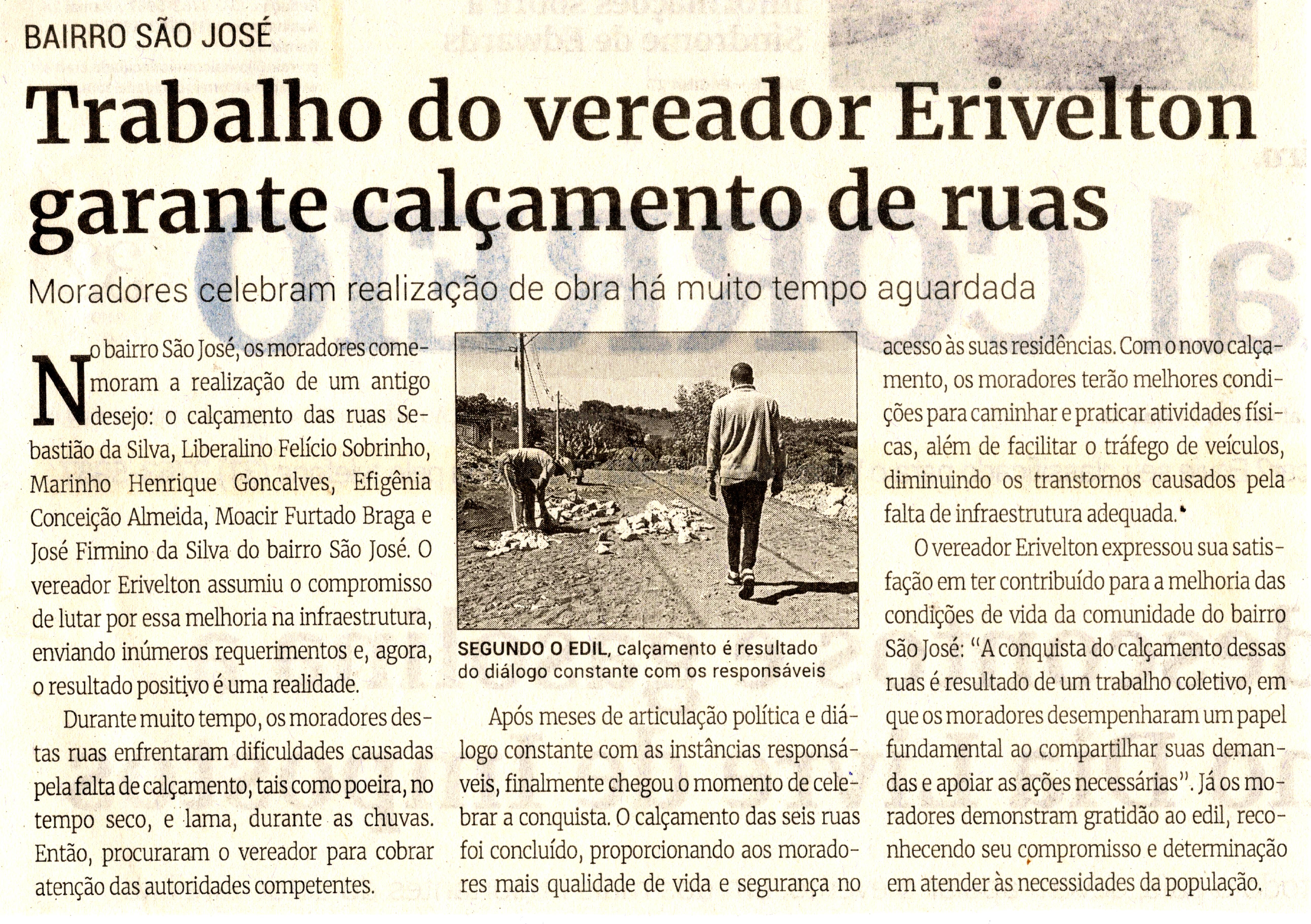 Trabalho do Vereador Erivelton garante calçamento de ruas. Jornal Correio da Cidade, Conselheiro Lafaiete de 20 a 26 de mai. de 2023, 1680ª ed. Caderno Política, p. 2.