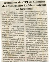 Trabalhos da CPI da Câmara de Conselheiro Lafaiete entram na fase final. Folha Livre, Conselheiro Lafaiete, 29 set. 2007, 340ª ed., p. 02.