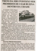 Trens da MRS poderão ser proibidos de usar buzina dentro da cidade. Jornal Gazeta, Conselheiro Lafaiete, 26 set. 2015, 855ª ed., ano XXVIII, Gerais, p. 06