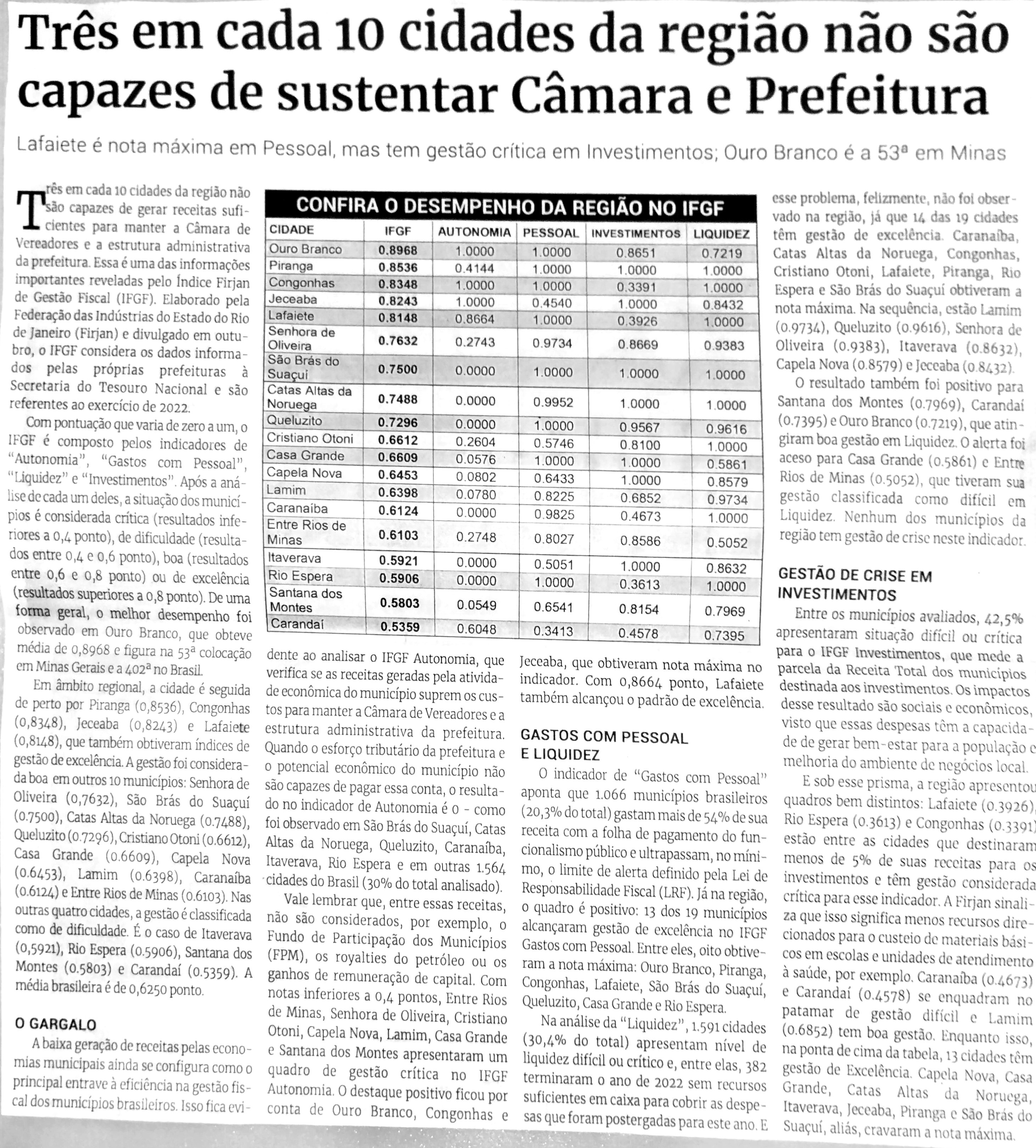 Três em cada 10 cidades da região não são capazes de sustentar Câmara e Prefeitura. Jornal Correio da Cidade, Conselheiro Lafaiete de 25 a 1º de dez. de 2023, 1707ª ed., Política, p. 04.