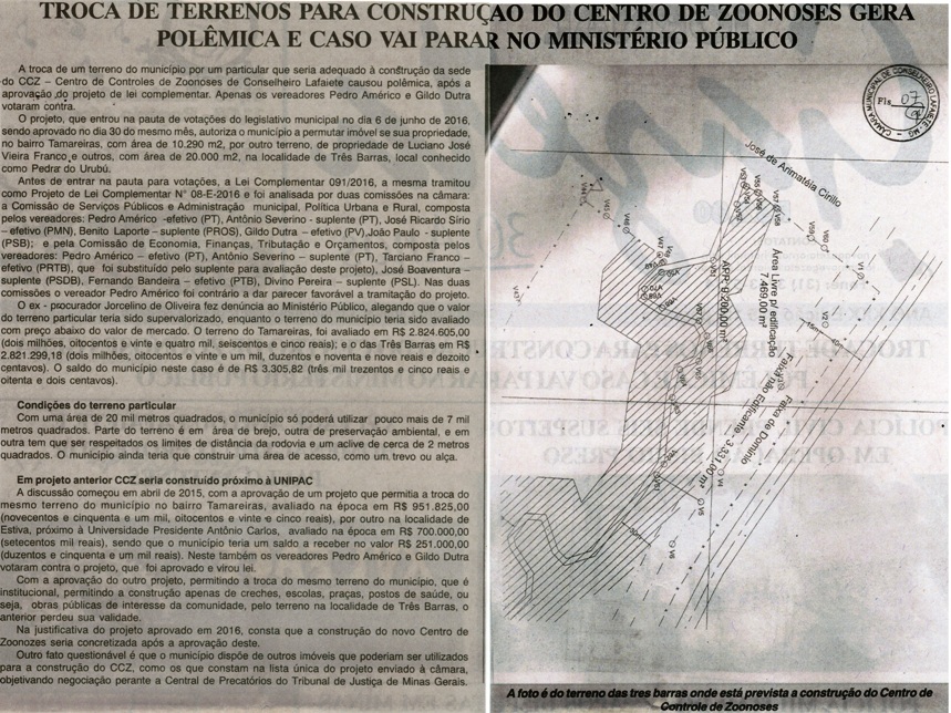 Troca de terrenos para construção do centro de zoonoses gera polêmica e caso vai parar no Ministério Público, Jornal Gazeta, Conselheiro Lafaiete, 30 jul. 2016, Ccaderno Gerais, p. 02.