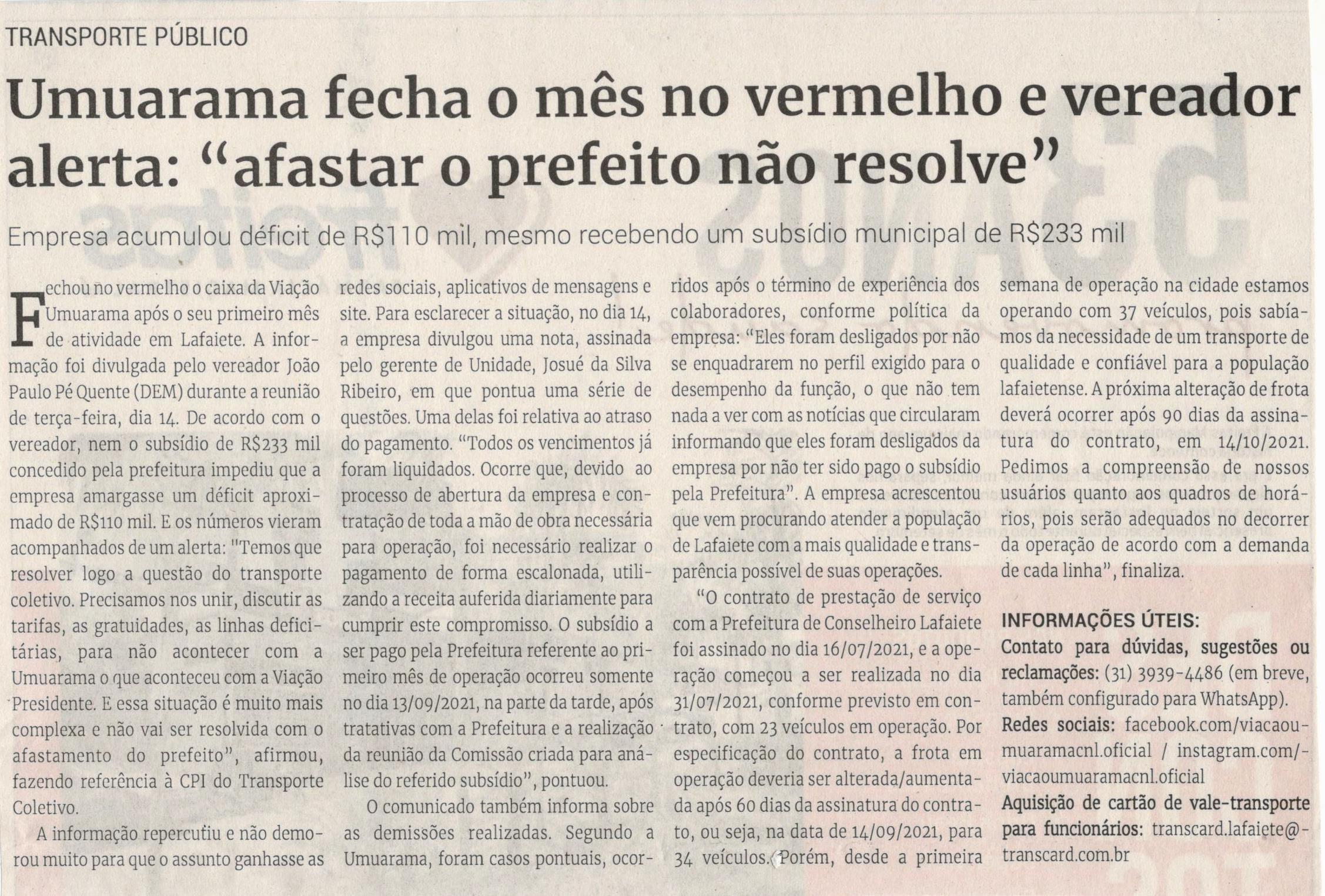 Umuarama fecha o mês no vermelho e vereador alerta: "afastar o prefeito não resolve". Jornal Correio, Conselheiro Lafaiete, 18 Setembro 2021, 1594ª ed., Caderno Últimas. Política, p. 43.