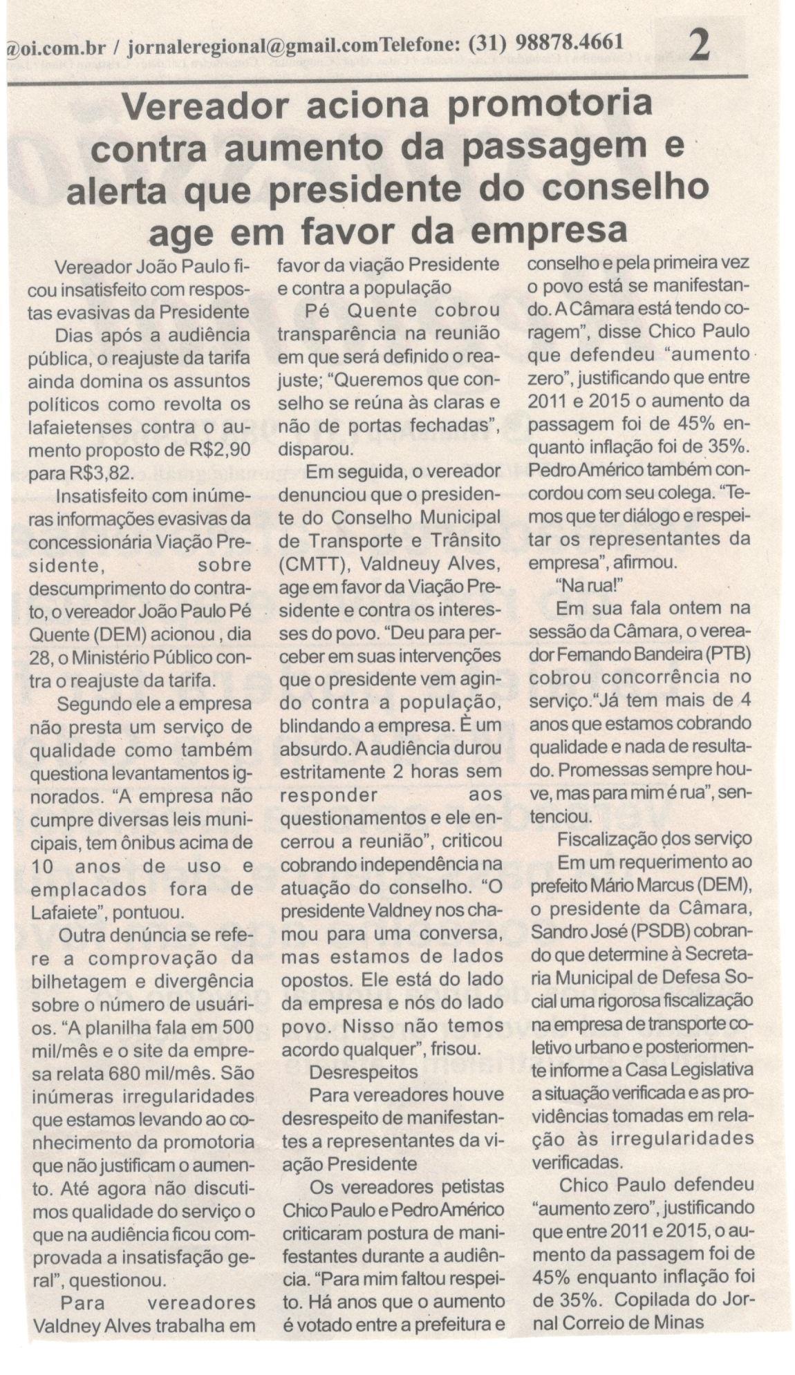 Vereador aciona promotoria contra aumento da passagem e alerta que presidente do conselho age em favor da empresa. Jornal Expressão Regional, Conselheiro Lafaiete, 31 mar. 2017 a 07 abr. 2017, 467Xª ed., p. 2.