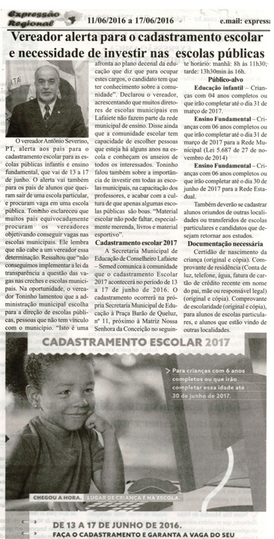 Vereador alerta para o cadastramento escolar e necessidade de investir nas escolas públicas. Jornal Expressão Regional, Conselheiro Lafaiete, 434Xª ed., p6