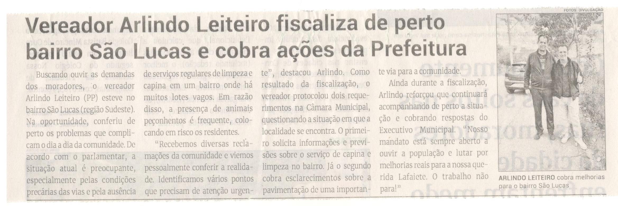 Vereador Arlindo Leiteiro fiscaliza de perto bairro São Lucas e cobra ações da Prefeitura. Jornal Correio da Cidade, Conselheiro Lafaiete, 25 jul. a 01 ago. 2025, 1790ª ed., Política, p. 2.