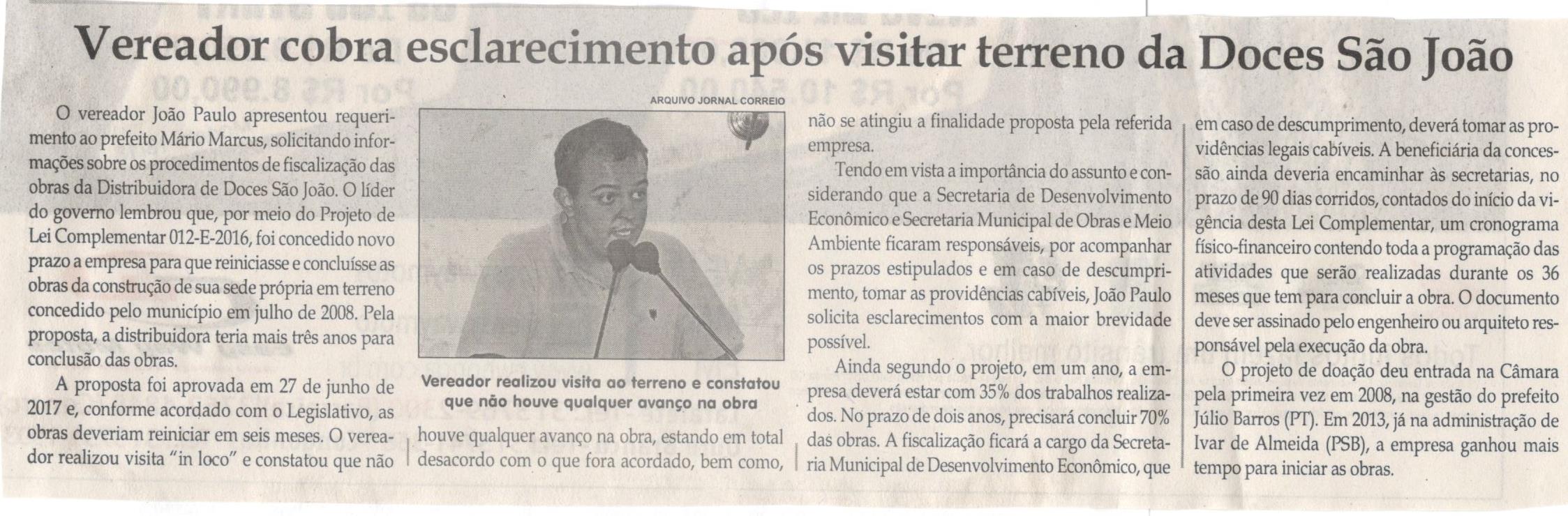 Vereador cobra esclarecimento após visitar terreno da Doces São João. Jornal Correio da Cidade, Conselheiro Lafaiete ,26 mai. 2018 a 01 jun. 2018, 1423ª ed., Caderno Política, p. 4.