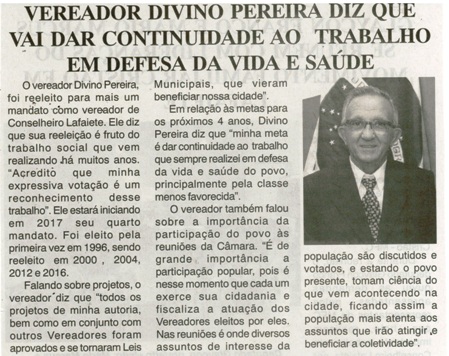 Vereador Divino Pereira diz que vai dar continuidade ao trabalho em defesa da vida e da saúde. Jornal Nova Gazeta, Conselheiro Lafaiete, 19 a 25 nov. 20, 896ª ed. , ano XXX, Caderno Gerais, p. 8.