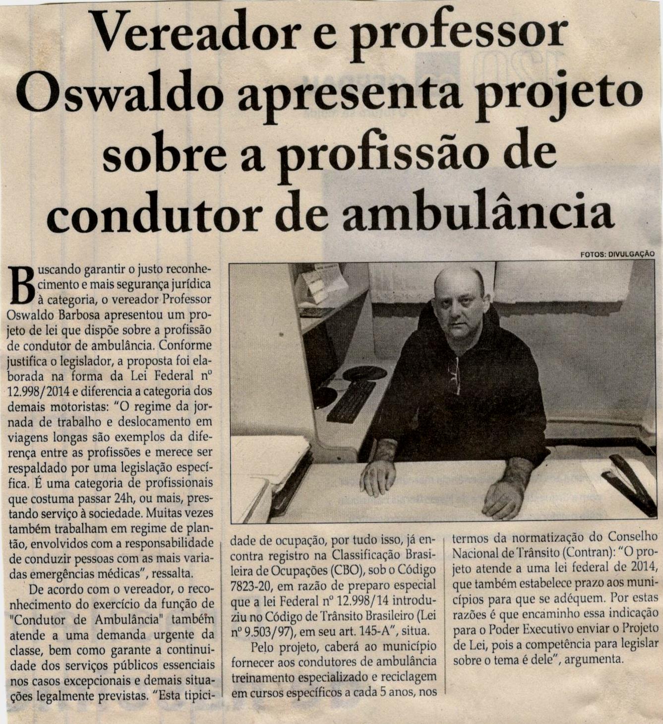 Vereador e professor Oswaldo apresenta projeto sobre a profissão de condutor de ambulância. Jornal Correio da Cidade, Conselheiro Lafaiete, 29 mai. 2021, 1578ª ed., Caderno política, p. 04.